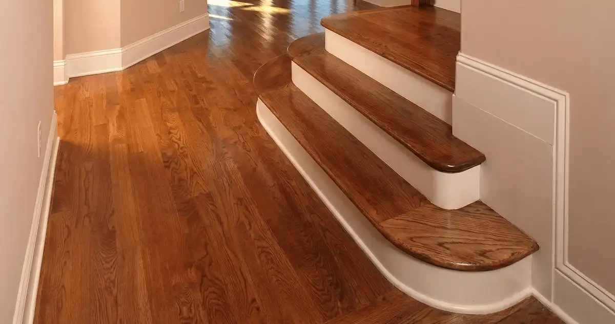 Base floor of a staircase with professionally restored wood flooring in Gilbert AZ