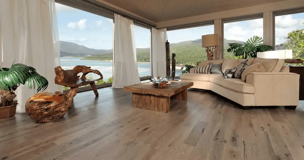 Professionally installed vinyl flooring in a modern living room with large windows in Gilbert, AZ